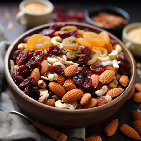 Healthy breakfast bowl with nuts, raisins, almonds and dried cranberriesの素材