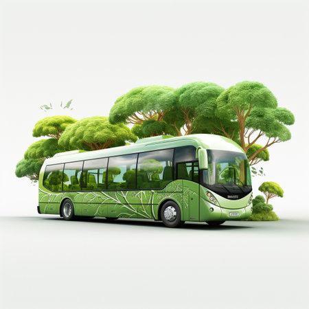 Green bus with green trees on a white background. 3d renderingの素材