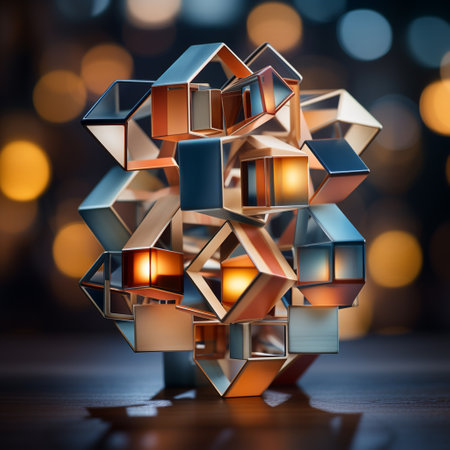 3d illustration of abstract geometric shape with bokeh lights backgroundの素材
