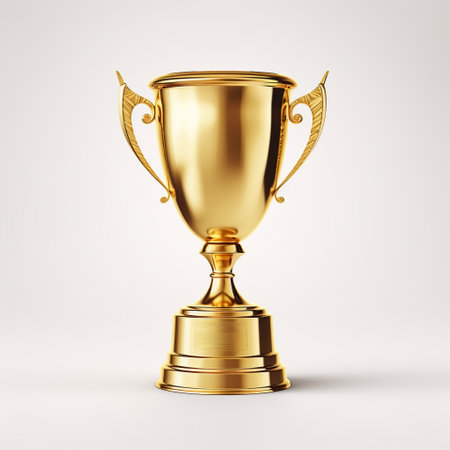 Golden trophy cup isolated on white background. 3d render illustration.の素材