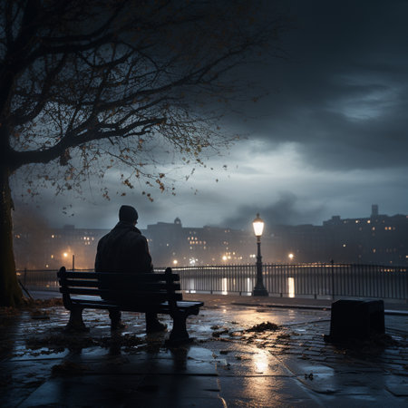 Man sitting on a bench in the foggy city park at nightの素材