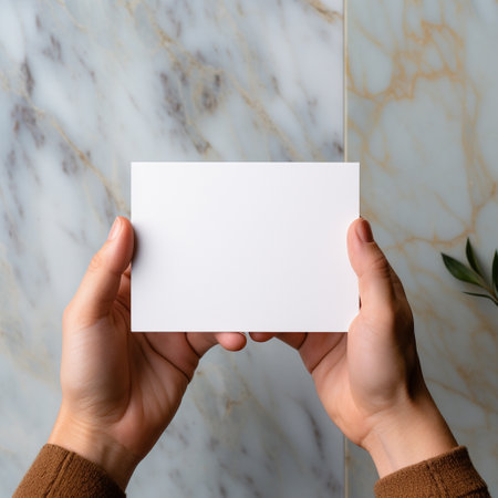 Female hands holding white business cardle background. Mockup for branding identity.の素材