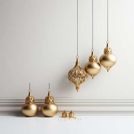 Christmas baubles hanging on white wall. 3D rendering.の素材