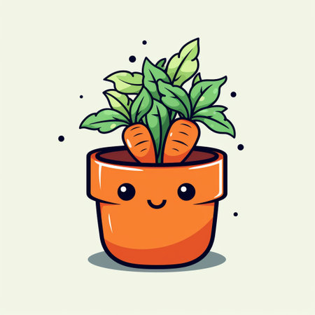 Cute carrot in pot. Cute cartoon vegetable character. Vector illustration.の素材