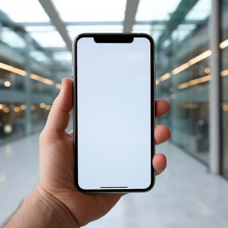 Male hand holding a smartphone with a white screen on the blurred backgroundの素材
