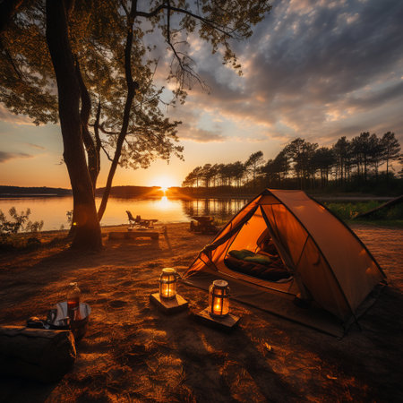 Camping on the shore of a lake at sunset. Beautiful summer landscape.の素材