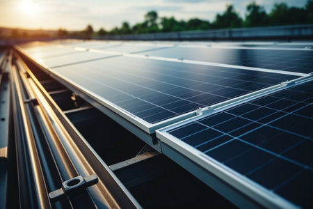Solar panels installed on the roof of a building. Alternative energy source.の素材