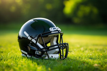 American football helmet on green grass in sunny day. American football concept.の素材
