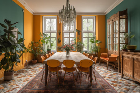 Interior of a dining room with orange and green walls. 3d renderの素材