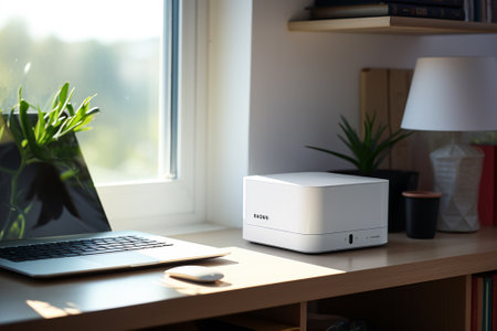 Modern home office workspace with laptop computer, coffee cup, plant and other itemsの素材