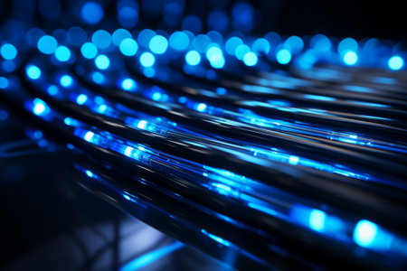 Blue fiber optic cable close-up with shallow depth of field.の素材