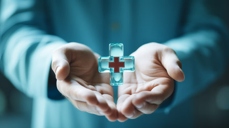 Close up of a doctor holding a cross in his hands 3D renderingの素材