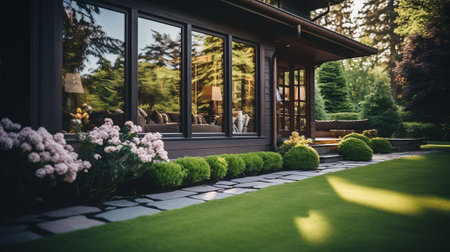 Garden house with green lawn in front of the window, vintage toneの素材