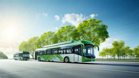 Bus on the road with green trees and blue sky. 3d renderingの素材