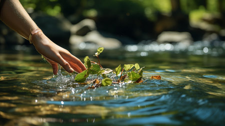Hand of a young woman holding a leaf in the water with blurred backgroundの素材