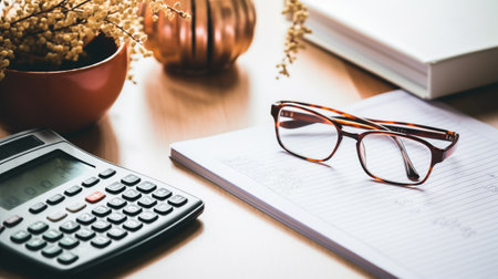 Calculator, notebook and glasses on wood table in office.の素材