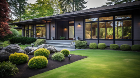 3d rendering of modern cozy house in chalet style with garage and pool for sale or rent with beautiful landscaping on background.の素材