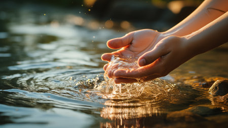 Child's hands in the water. Selective focus. nature.の素材