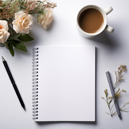 Top view of blank notebook, coffee cup and flowers on white backgroundの素材