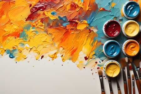 Paintbrushes and palette with gouache paint on white backgroundの素材