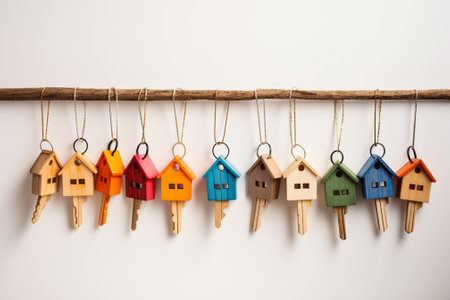 Wooden house keys hanging on a rope against white wallの素材