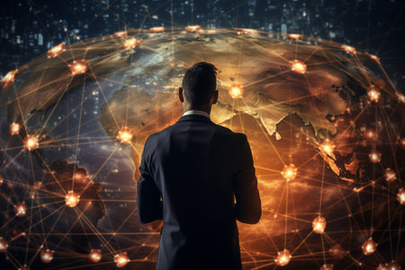 Back view of businessman looking at global network hologram. 3D renderingの素材
