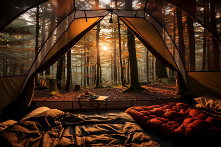 Camping tent in the forest at sunset. Camping concept.の素材