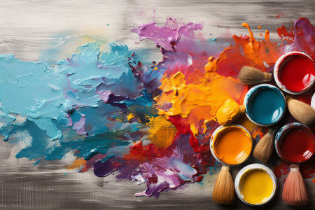 Colorful paints and brushes on wooden table, top view.の素材