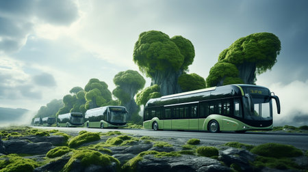 Bus on the road with trees on the background. 3d renderingの素材