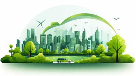 Green eco city with car and trees. Vector illustration for your designの素材