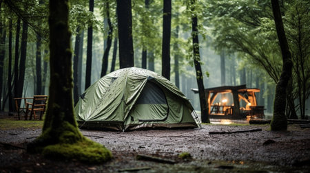 Camping tent in the green forest at night. Camping conceptの素材