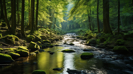 Beautiful summer landscape with a river flowing through a green forest.の素材