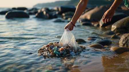 Volunteer collecting garbage in the sea. Zero waste concept.の素材