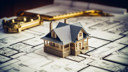 Miniature house on construction drawings. House model. Real estate concept.の素材