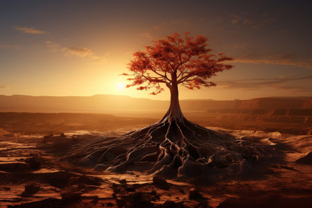 3D render of a fantasy landscape with a tree in the desertの素材