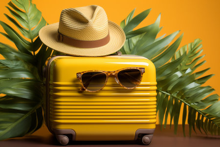 Yellow suitcase with hat and sunglasses on orange background. Travel concept.の素材