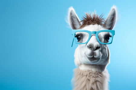 Funny llama wearing blue eyeglasses on blue background.の素材