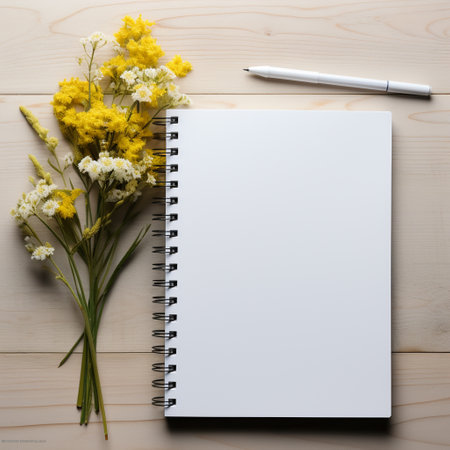 Blank notebook with pen and flowers on wooden background, top viewの素材