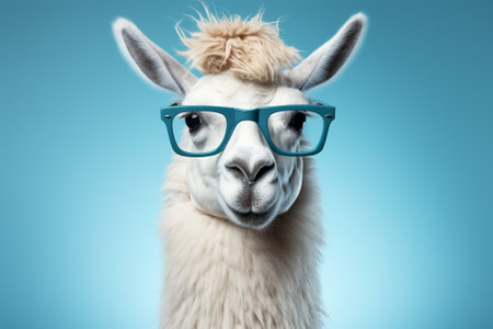 Portrait of a white llama with glasses on blue background.の素材