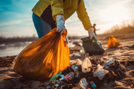 Volunteer woman collecting garbage on the beach. Environmental pollution concept.の素材