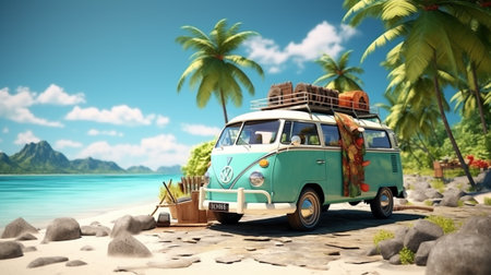 Vintage camper van on a tropical beach. 3d renderの素材
