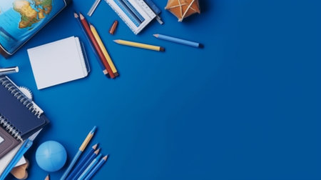 School supplies on a blue background. Back to school concept. Copy space.の素材