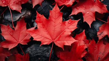 Red maple leaf on the ground. Autumn background. Top view.の素材