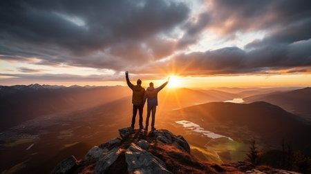 Happy father and son standing on top of a mountain and raising hands up.の素材