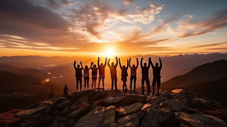 Silhouette of a group of people on top of a mountain at sunsetの素材