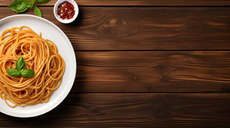Spaghetti with basil leaves on wooden background. Top view with copy spaceの素材