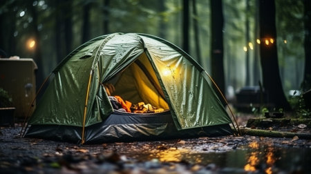 Camping tent in the forest at night. Camping concept.の素材