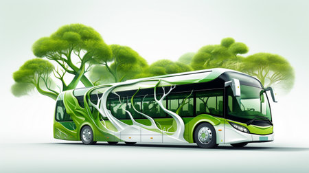 Bus with green background and trees. 3D illustration.の素材