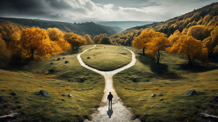 Conceptual image of a man standing in the middle of a path leading to the horizonの素材