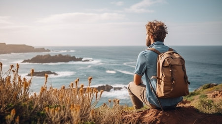 Young man with a backpack sitting on the edge of a cliff and looking at the oceanの素材